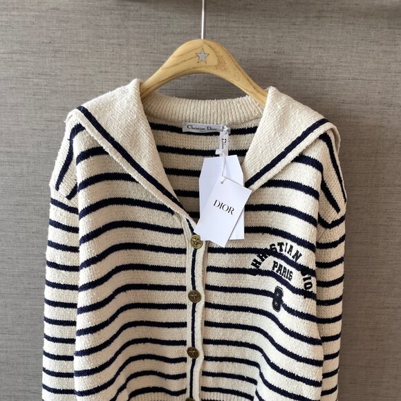 Dior Marinière Cardigan with Sailor Collar White and Navy Blue Cotton Knit - Picture 6 of 9